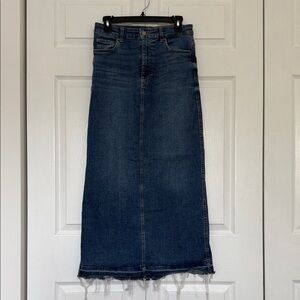 Zara Dark Blue Denim Maxi Skirt with Frayed Hem